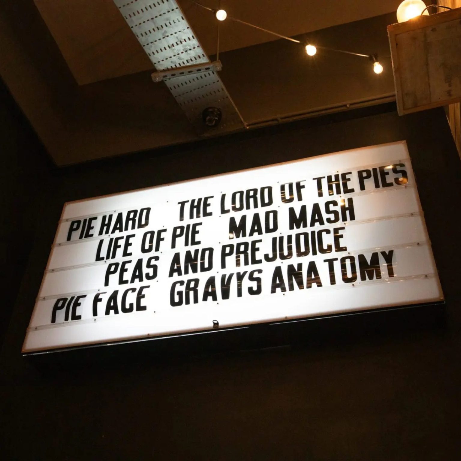 The pie menu board at Pieminister